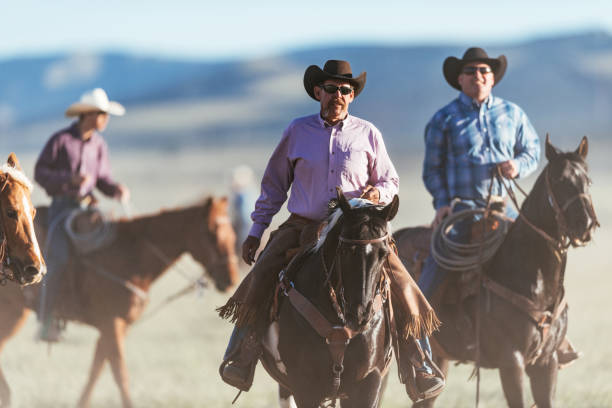 istock Adult cowboys riding galloping horses 1283233763
