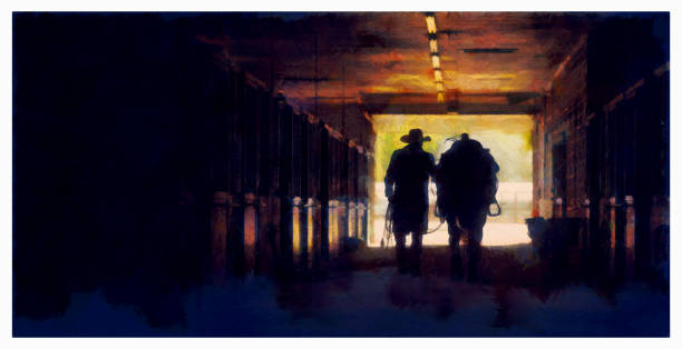 istock Cowboy and horse inside a stable digital illustration 1283234048