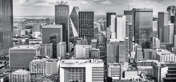 A black and white image of the unique and beautiful skyline of Dallas, Texas shot from an altitude of about 800 feet up.