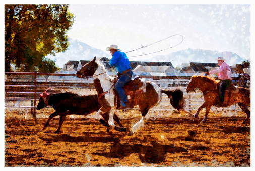 Team roping rodeo digital illustration USA