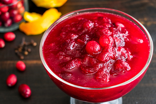 Fresh cranberry sauce made with orange peels and cloves