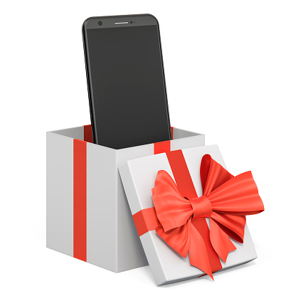 Smartphone phone inside gift box, present concept. 3D rendering isolated on white background