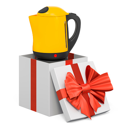 Electric kettle inside gift box, present concept. 3D rendering isolated on white background