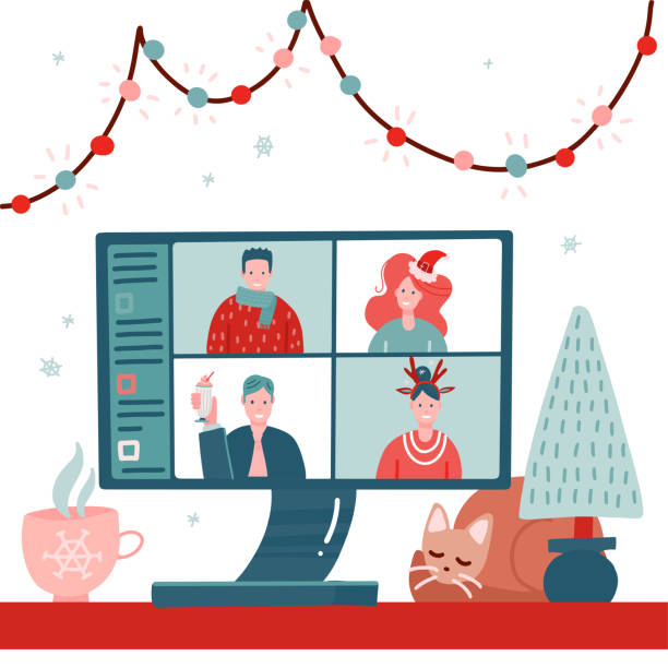 ilustrações, clipart, desenhos animados e ícones de videoconferência com pessoas agrupadas em trajes de férias de inverno, reunião online. amigos falando em vídeo. tela de computador, árvore de natal, copo com gato adormecido, ilustração de vetor plano. - group of objects travel friendship women