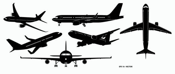 zestaw sylwetki samolotu lub różne czarne sylwetki samolotu. eps 10 wektor, łatwy do modyfikacji - commercial airplane airplane cargo airplane runway stock illustrations