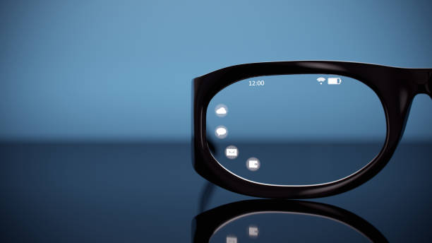 Abstract Smart Glasses Digital concept Smart Glasses close-up with Graphical User Interface smart glasses eyewear stock pictures, royalty-free photos & images