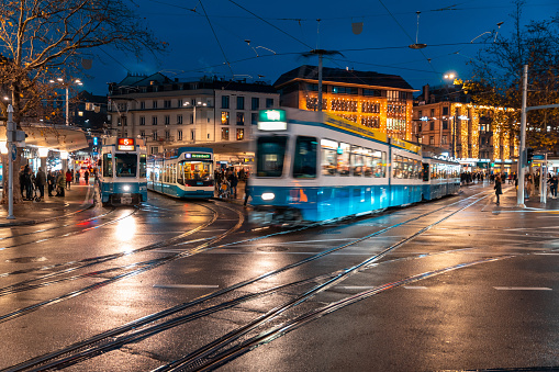 Tram in the street in Zurich during Christmas time at night