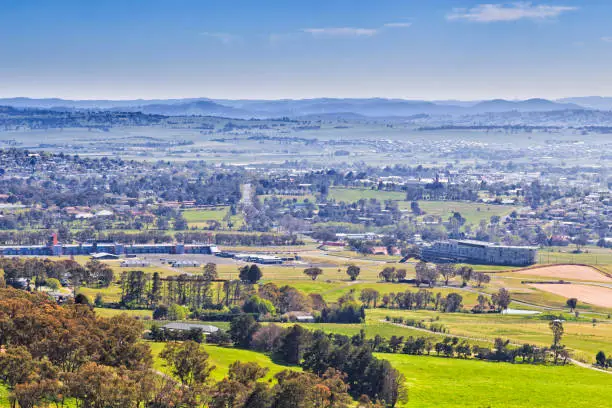 Mt Panorama lookout to Bathurst city and Motor race circle on a sunny day.