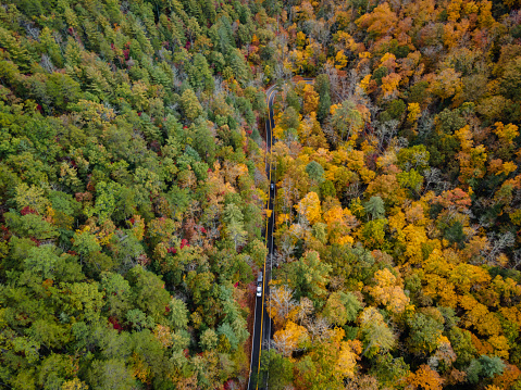 Aerial View of the Tail of the Dragon road near the Tennessee and North Carolina border in the Smoky Mountains in the fall.