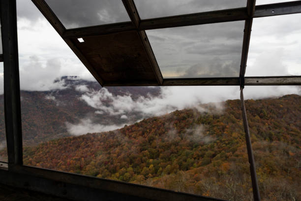 View from Shuckstack Fire Tower on the Appalachian Trail in the Great Smoky Mountains National Park in North Carolina in the fall.