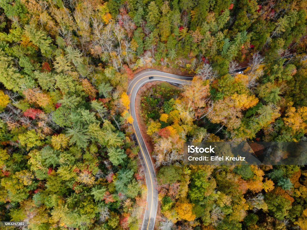 Aerial View of the Tail of the Dragon in the Fall Aerial View of the Tail of the Dragon road near the Tennessee and North Carolina border in the Smoky Mountains in the fall. Motorcycle Stock Photo
