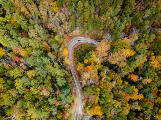 Aerial View of the Tail of the Dragon in the Fall Aerial View of the Tail of the Dragon road near the Tennessee and North Carolina border in the Smoky Mountains in the fall. great smoky mountains photos stock pictures, royalty-free photos & images