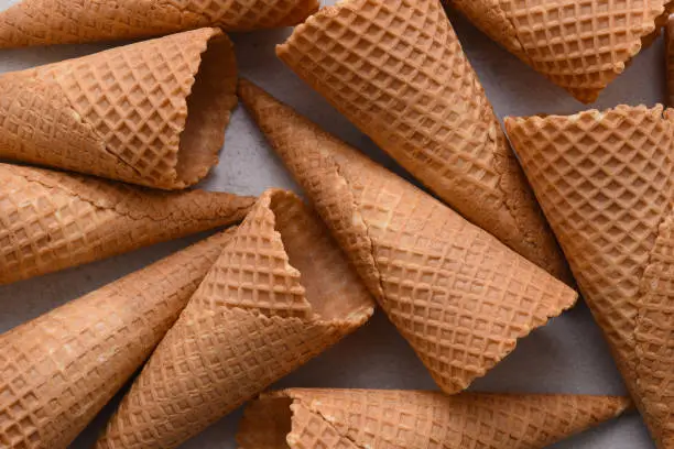 Closeup of  a group of sugar waffle ice cream cones.