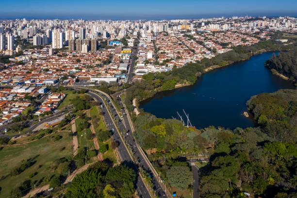 Taquaral lagoon in Campinas at dawn, view from above, Portugal park, Sao Paulo, Brazil, stock photo