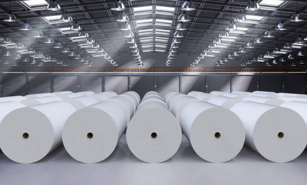 white paper rolls 3d rendering white large paper rolls in factory rolled up stock pictures, royalty-free photos & images