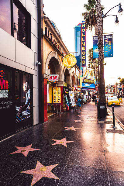 Hollywood's Walk of Fame at Hollywood Boulevard in Los Angeles at Sunset, USA September 5th, 2017 – Los Angeles, USA: Hollywood's Walk of Fame in Los Angeles at Sunset, USA. One of the most popular places in Los Angeles is the Walk of Fame where celebrities from different arts and entertainment backgrounds get their world-known star walking point of view stock pictures, royalty-free photos & images