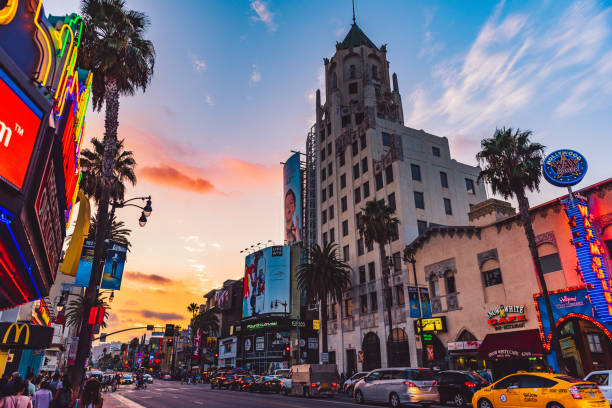 Los Angeles, CA, USA - February 02, 2018: Heavy traffic at hollywood, with the famous sign in the background