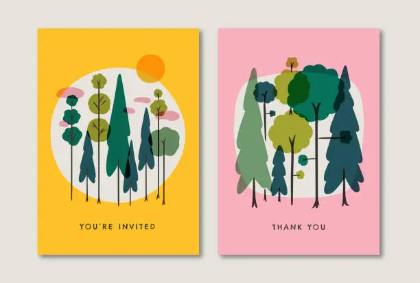 Vector illustration of Greeting card design template with retro summer forest illustration