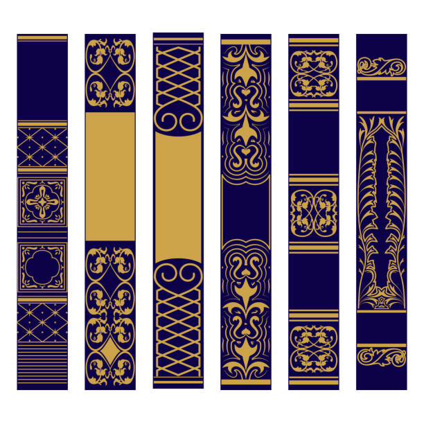 Vertical ornament set. Samples of spines or roots of the book. Ornate gold and blue pattern. Vector illustration