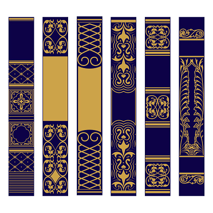 Vertical ornament set. Samples of spines or roots of the book. Ornate gold and blue pattern. Vector illustration