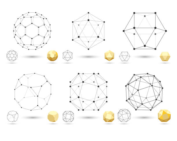 Set of geometric 3D polyhedron shapes from triangular faces for graphic design. Frame volumetric gold form with edges and vertices. Geometry scientific concept isolated on white Set of geometric 3D polyhedron shapes from triangular faces for graphic design. Frame volumetric gold form with edges and vertices. Geometry scientific concept isolated on white Vector illustration. polyhedron stock illustrations