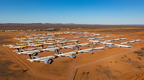 Aircraft currently stored at Alice Springs Airport due to the impact of COVID-19 on the world's travel industry.