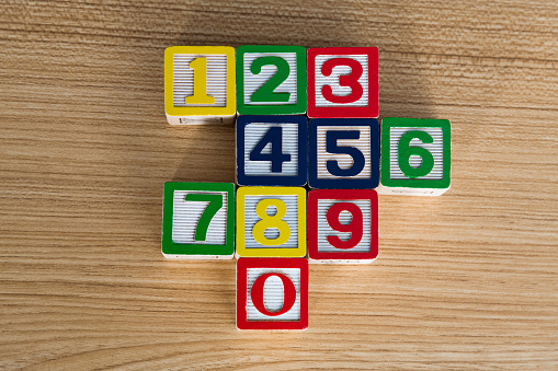 Wooden blocks with numbers from 0 to 9.