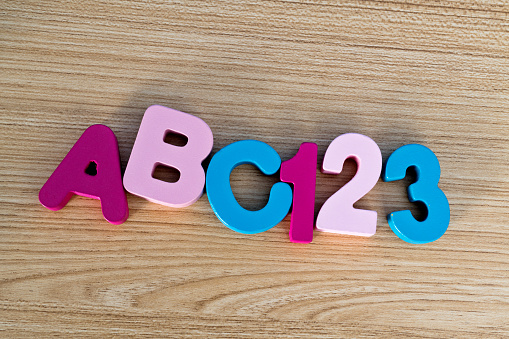 Wooden number 123 and letters ABC on the table.