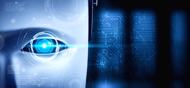 istock Robot humanoid face close up with graphic concept of big data analytic 1283274329