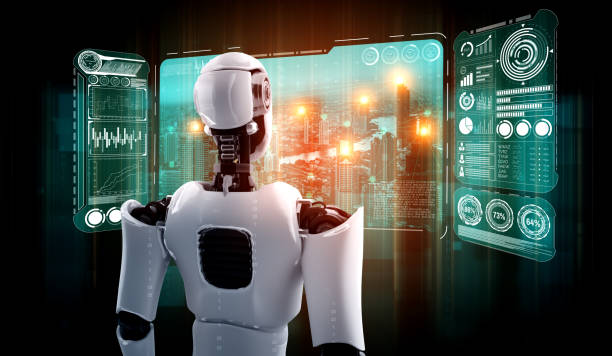 istock Humanoid AI robot looking at hologram screen showing concept of big data 1283274345
