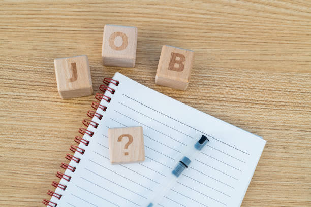 istock Wooden word job and note pad on the table 1283275801
