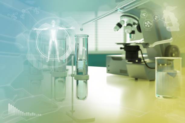 istock biotechnology study texture or background - proofs and microscope in office - colorful conceptual medical 3D illustration 1283279948