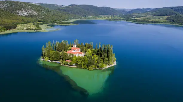 Aerial view of Visovac Island with the monastery on Krka, Croatia