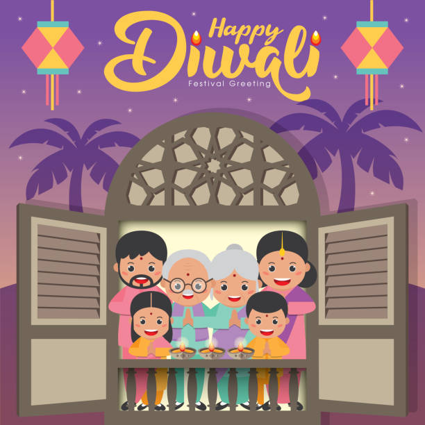 Diwali / Deepavali - festival of lights greeting card with cute cartoon Indian family in front of house window flat vector illustration. Diwali / Deepavali - festival of lights greeting card with cute cartoon Indian family in front of house window flat vector illustration. diwali home stock illustrations