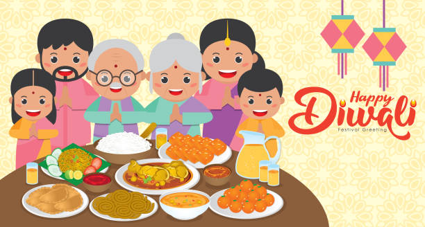 Diwali / Deepavali vector illustration with Happy indian family reunion dinner to enjoy the traditional festival foods/ meal (Murukku, Ladoo / Laddu, Curry, Curry Puff, Halwa and Rice) Diwali / Deepavali vector illustration with Happy indian family reunion dinner to enjoy the traditional festival foods/ meal (Murukku, Ladoo / Laddu, Curry, Curry Puff, Halwa and Rice) diwali home stock illustrations