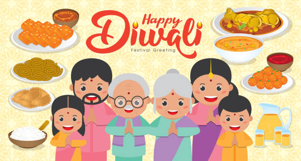 Diwali / Deepavali Banner illustration with Happy indian family reunion dinner to enjoy the traditional festival foods/ meal (Murukku, Ladoo / Laddu, Curry, Curry Puff, Halwa and Rice) Diwali / Deepavali Banner illustration with Happy indian family reunion dinner to enjoy the traditional festival foods/ meal (Murukku, Ladoo / Laddu, Curry, Curry Puff, Halwa and Rice) diwali home stock illustrations