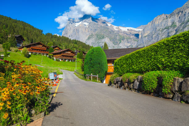 rua aconchegante na bela vila alpina, grindelwald, suíça - hill grindelwald village landscape - fotografias e filmes do acervo