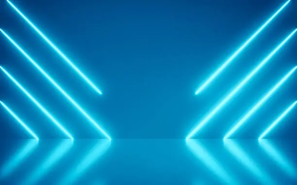 Photo of Neon Background Abstract Blue Light Shapes line diagonals on colorful and reflective floor.