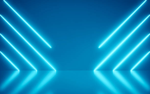 неоновый фон абстрактный синий свет формы линии диагонали на красочный и отражающий пол. - diagonals стоковые фото и изображения