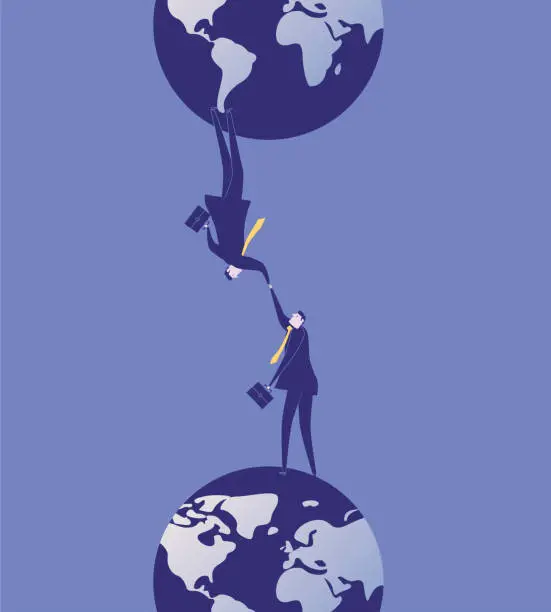 Vector illustration of Two people on the earth shake hands to cooperate and develop together