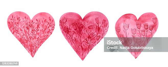 istock Watercolor set of 3 floral hearts isolated on a white background. Hand-drawn collection of pink hearts with flowers for your design. Clipart for greeting card for Valentine's Day. 1283285749