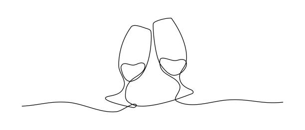 ciągły rysunek linii. okrzyki kieliszki do wina. - champagne champagne flute pouring wine stock illustrations