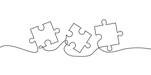непрерывный линейный рисунок пазла. - puzzle jigsaw puzzle jigsaw piece solution stock illustrations