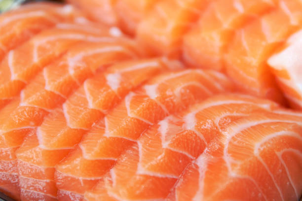 Close up fresh salmon and toro sashimi; texture and background.