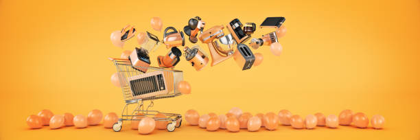 istock Many Kitchen Appliance Falling in Shopping Cart. 3d Rendering 1283288175