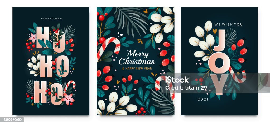 Happy Holidays greeting cards Christmas cards with ornaments of branches, berries and leaves. A set of cards with holiday greetings. Christmas stock vector