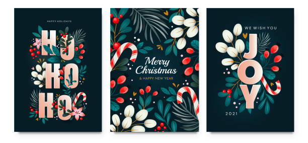 Happy Holidays greeting cards Christmas cards with ornaments of branches, berries and leaves. A set of cards with holiday greetings. holiday event stock illustrations