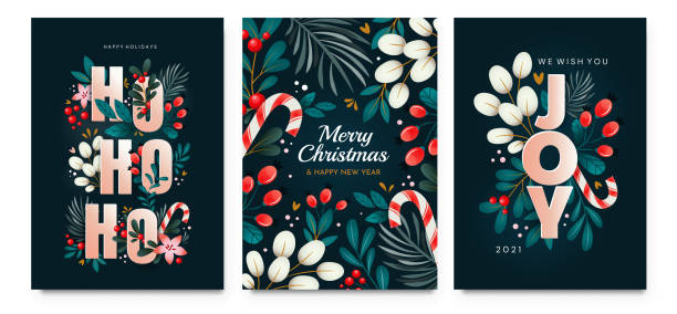 Happy Holidays greeting cards Christmas cards with ornaments of branches, berries and leaves. A set of cards with holiday greetings. winter travel stock illustrations