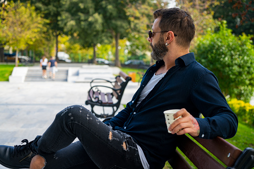 man, sitting, park, bench, coffee