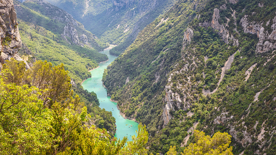 Panorama of scenic natural Gorge du Verdon - Verdon River Valley floating into the Lac de Sainte-Croix Lake in the Nature Park of Verdon - Parc Naturel du Verdon. Verdon Gorge, Sainte-Croix, Manosque, Provence, Souther France, France, Europe.